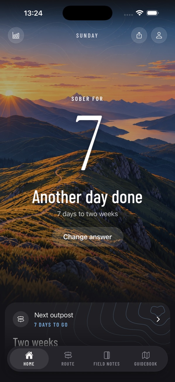 Outpost Home: sober for 7 days over a sunrise painting